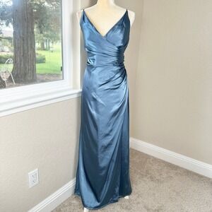 NWT Galina‎ Signature Formal Dress 14 Blue Satin Long Faux Wrap Ruched Elegant